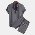 thumbnail image 4 of 2 PC Outfit Set for Men Collared Short Sleeve Button Down Shirt and Drawstring Shorts Casual Summer Ribbed Outfit Sets Gray S, 4 of 8