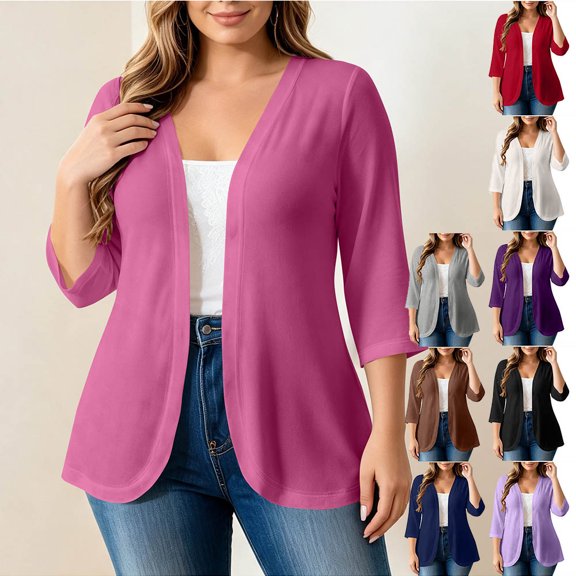 Otvok Women Casual Open Front Jacket, Plus Size 3/4 Sleeve Solid Color Lightweight Cardigan Daily Office Cover Up