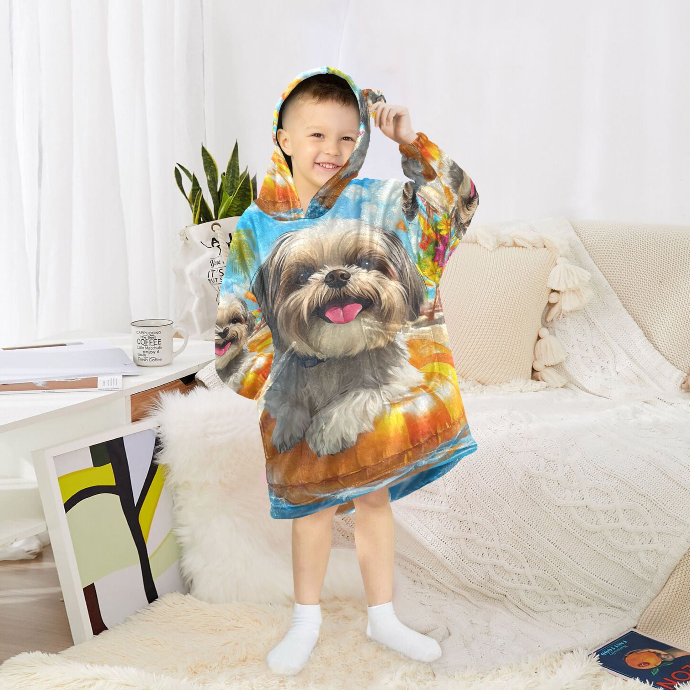 YAZAOO Kids Wearable Blanket Hoodie Warm and Cozy Sunny Beach Pup Flannel Sweatshirt