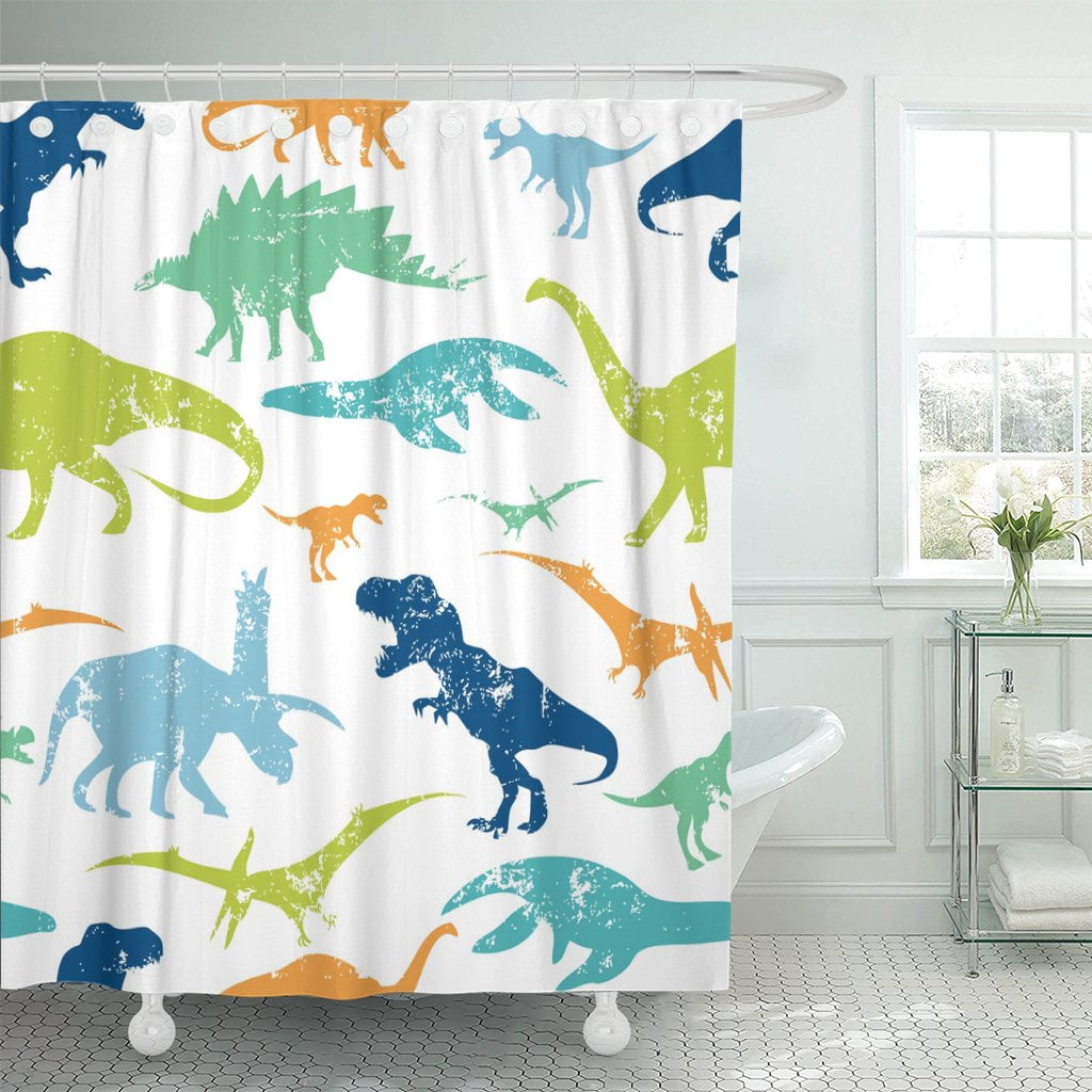 72x72 in. Family Baby Dinos 100/% Polyester PlayFunLearn Kids Dinosaur Shower Curtain Hooks incl Nature Water