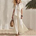 thumbnail image 3 of Women Linen Sets 2 Piece Outfits Short Sleeve Asymmetrical Shirt Split Wide Leg Pants 2026 Summer Trendy Boho Pant Suits,Beige L, 3 of 8