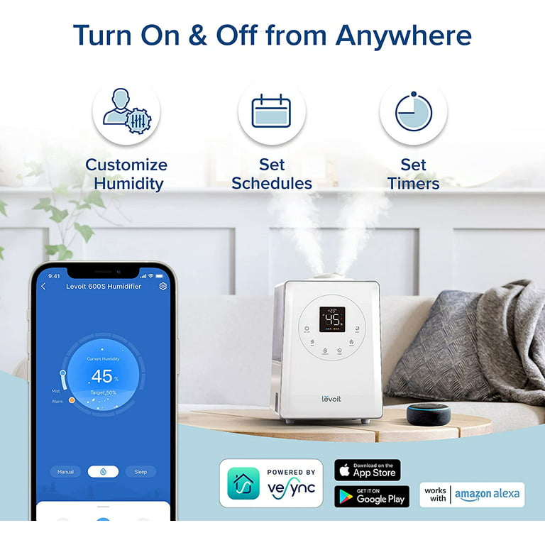 Levoit Smart Humidifiers for Bedroom Large Room , 6L Top Fill Warm and Cool Mist for Home and Plants , Air Vaporizer for Whole House
