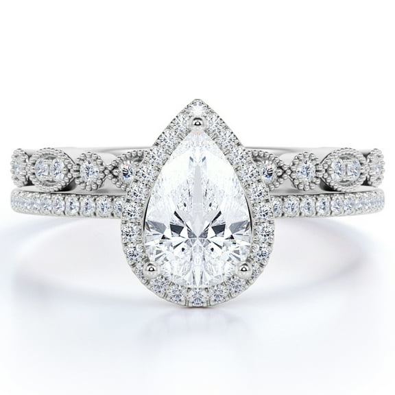 JeenMata 1.25 Carat pear cut Moissanite Wedding Ring Set in 18k White Gold Over Silver