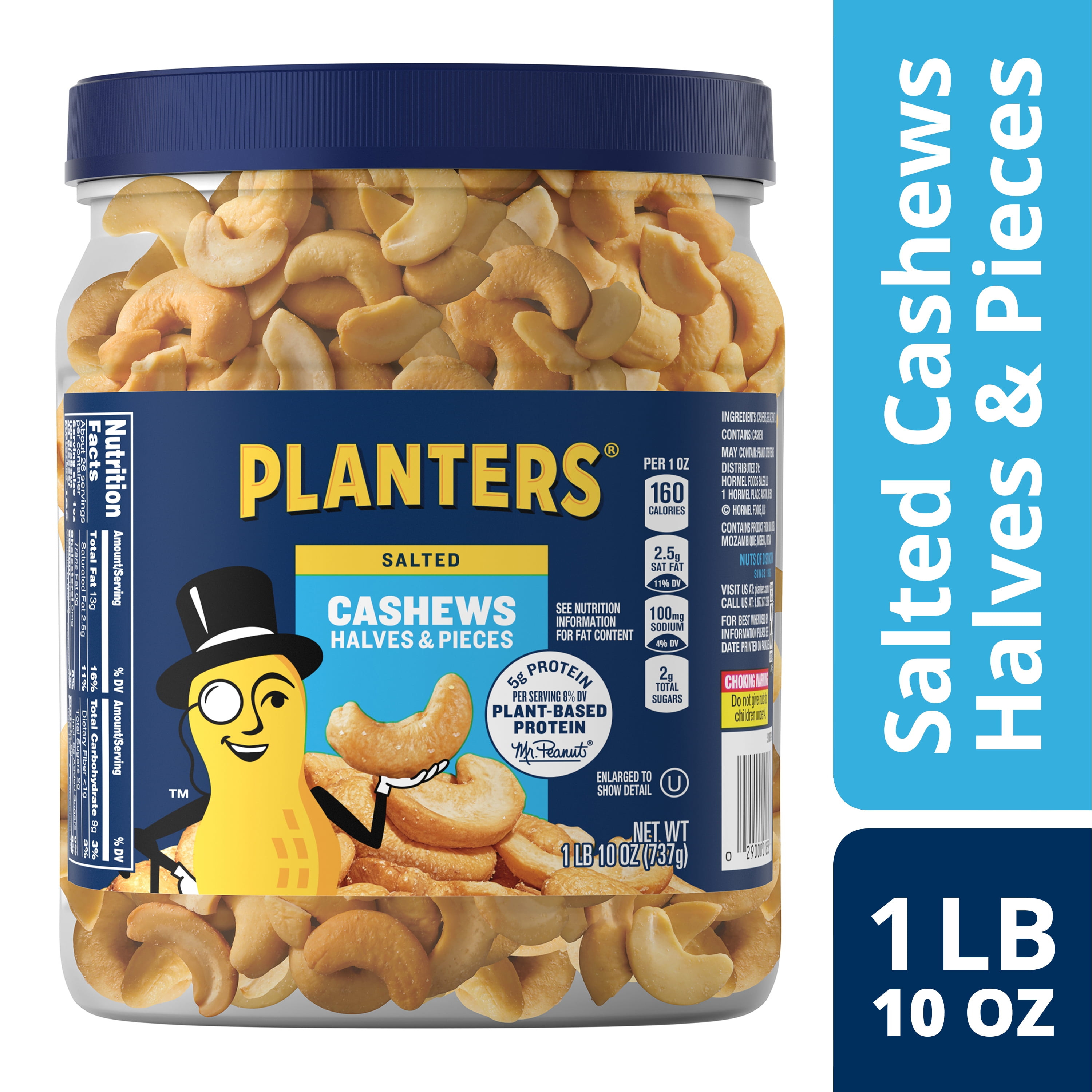 (2 pack) PLANTERS Salted Cashew Halves and Pieces, Party Snacks, Plant-Based Protein, 26 oz Canister