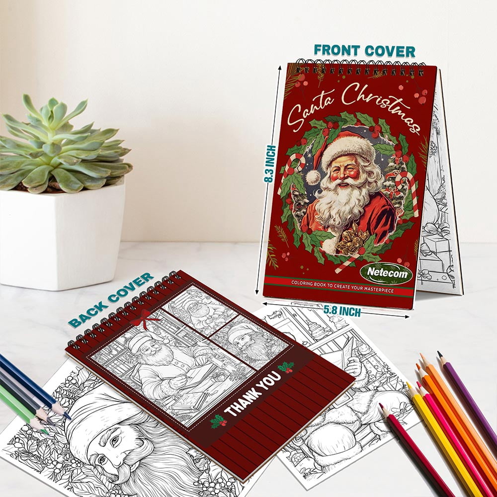 Netecom Santa Christmas Coloring Book Spiral Bound For Adults, A5 Wooden Cover, 30 Fesive Coloring Pages of Santa Scenes for Stress Relief and Relaxation