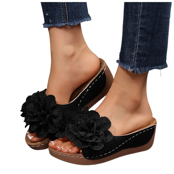 Rokment Women's Platform Wedge Dress Slippers Sandals Boho Beach Lace Flower Leather Fish Mouth Open Toe Chunky High Heels Slip on Slides for Summer Vacation Black Size 6.5