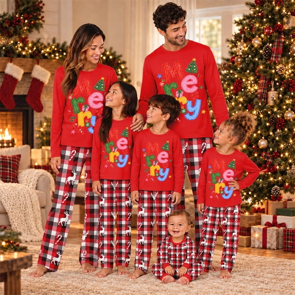 Domzest Family Matching Christmas Pajama Sets Long Sleeve Xmas Printed Sleepwear & Pjama Pants Cute Holiday Family Pjs Sets