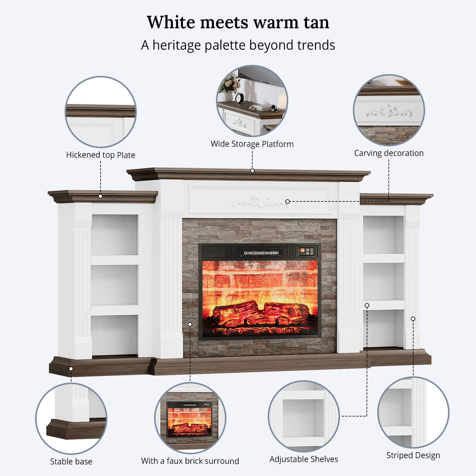 LGHM 72" Fireplace TV Stand for 75 inch 80 inch TV, Electric Fireplace with Mantel, Farmhouse Television Stands with 23" Electric Fireplace, White Brown