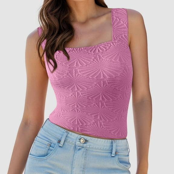 TYGHBN Women Square Neck Wide Straps Crop Tank Tops Flower Lettuce Trim Crop Vest Slim Fitted Sleeveless Cropped Top Rayon Tops Women Womens Swim Tops Sleeveless Undershirts Women Neck Top Beach Top