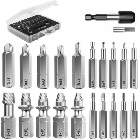 Broken Screw Extractor Kit, 22 PCS Upgraded HSS 4341 Alloy Steel Extraction Tools with Drill Bits 2 Magnetic Extension Bit Holders Socket Adapter for Damaged Bolt, Black