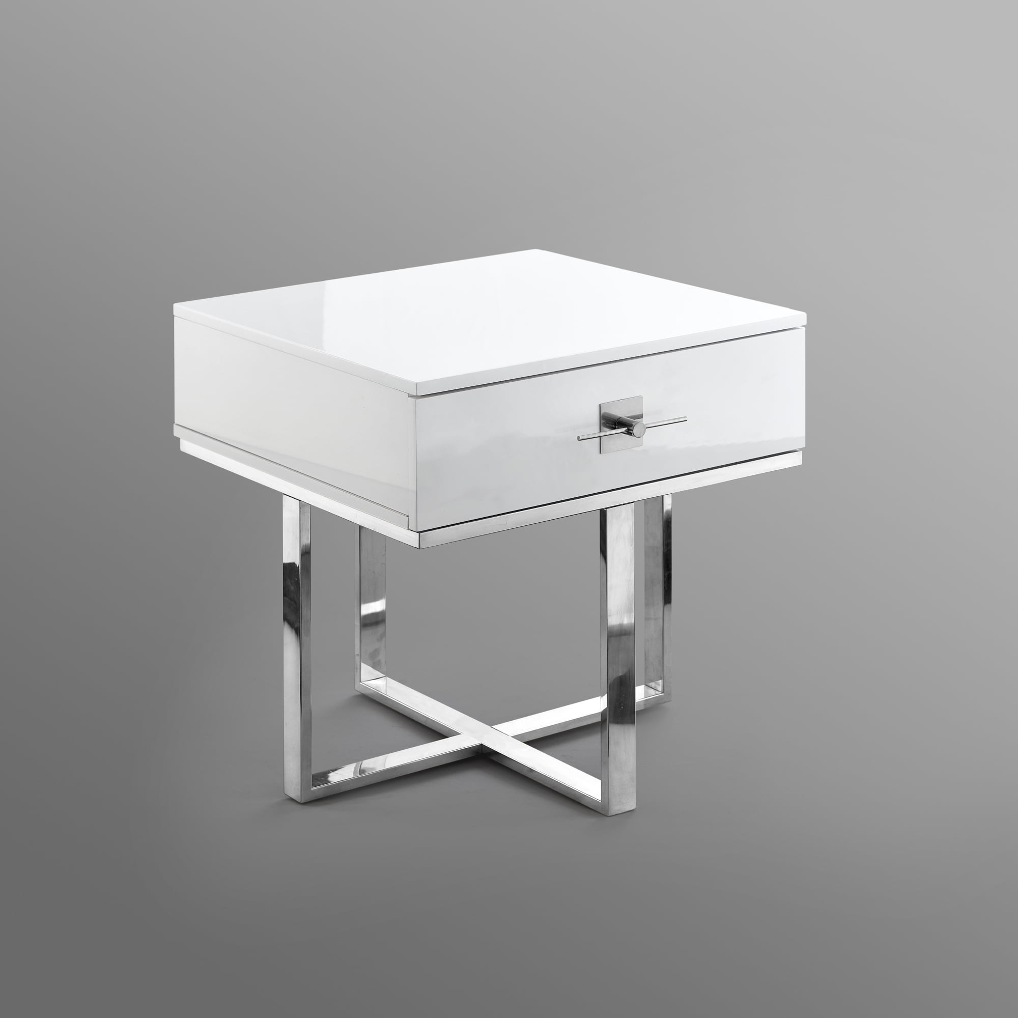 Hilo White Chrome Side Table - 1 Drawer, Hight Gloss Lacquer Finish, Polished Stainless Steel Base