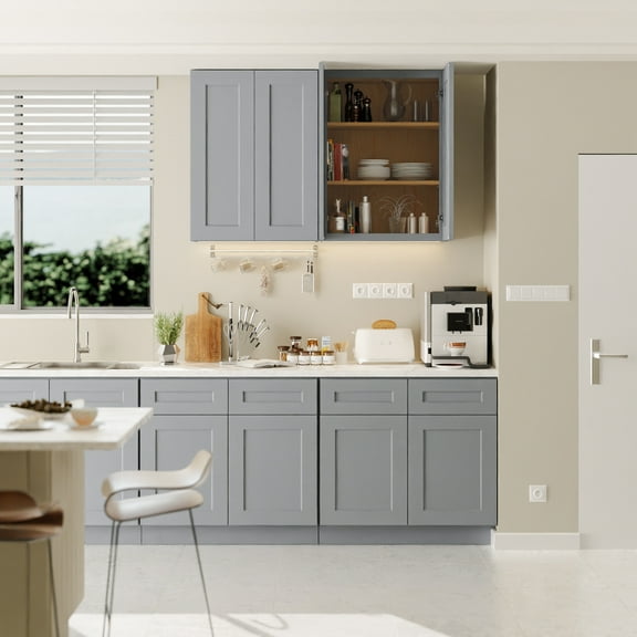 27 Inch Laundry Room Cabinets Wall Mounted, Solid Wood Over The Toilet Storage Cabinet, Bathroom Organizer Cabinets with 2 Shaker Door & Shelves, Easy to Assemble for Kitchen, Garage - Dark grey