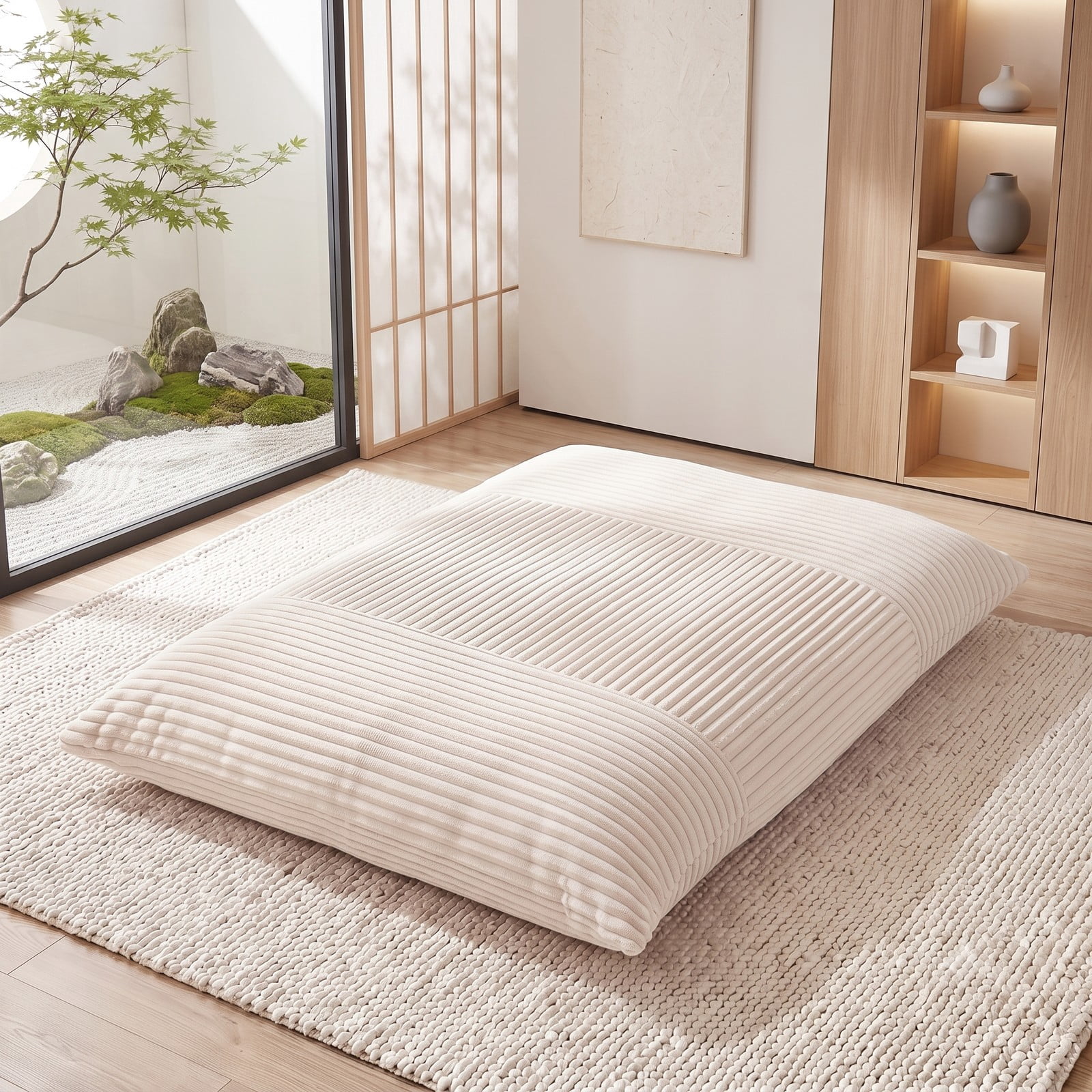 Furnibear 3-in-1 Large Bean Bag Chair, Convertible Corduroy Lounger Sofa Bed with Soft Sponge Fill and Zip-Off Washable Cover for Living Room Bedroom Dorm, Beige