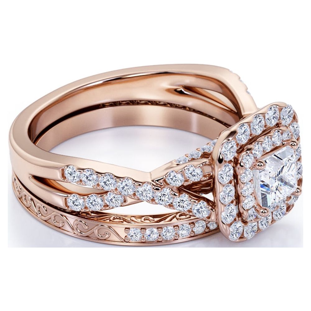 1.25 ct - Square Moissanite - Double Halo - Twisted Band - Vintage Inspired - Pave - Wedding Ring Set in 18K Rose Gold over Silver - image 3 of 4