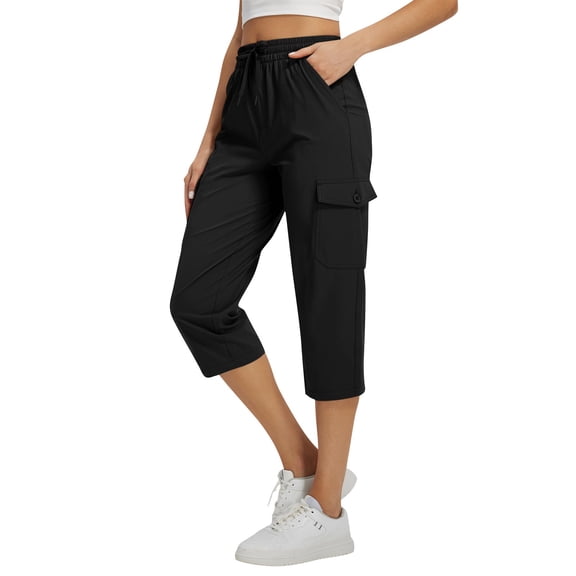 HKYNLAG Cargo Capris for Women with Pockets Casual Drawstring Baggy Petite Pants Lightweight Quick Dry Hiking Athletic Work Joggers Black XL