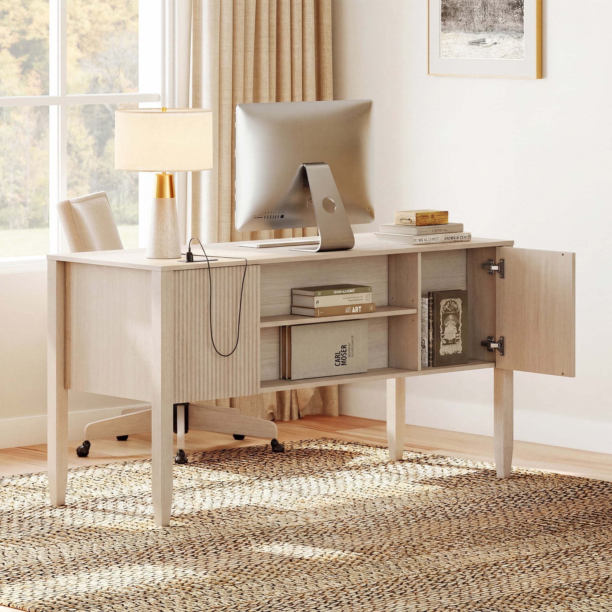 58Inch Fluted Executive Desk with Power Outlet and Doors, Modern Computer Writing Desks with Rear Storage Compartment Design, Home Office Desk with Drawers For Work And Study