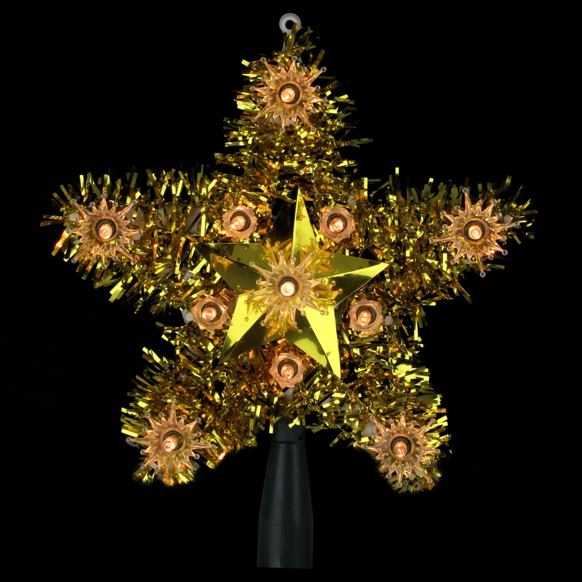 7" Lighted Gold Tinsel Star Christmas Tree Topper Clear Lights