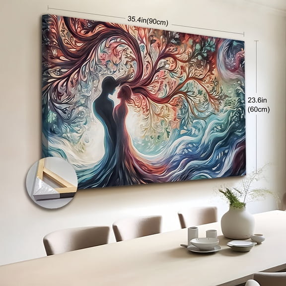 2D Flat 1pc Wooden Framed Extra Large Canvas Wall Art, Tree of Love Panting Canvas Print, Soulmate Wall Art, Symbolic Wall Decor, Vibrant Colorful Silhouettes, Romantic Couple Art Print