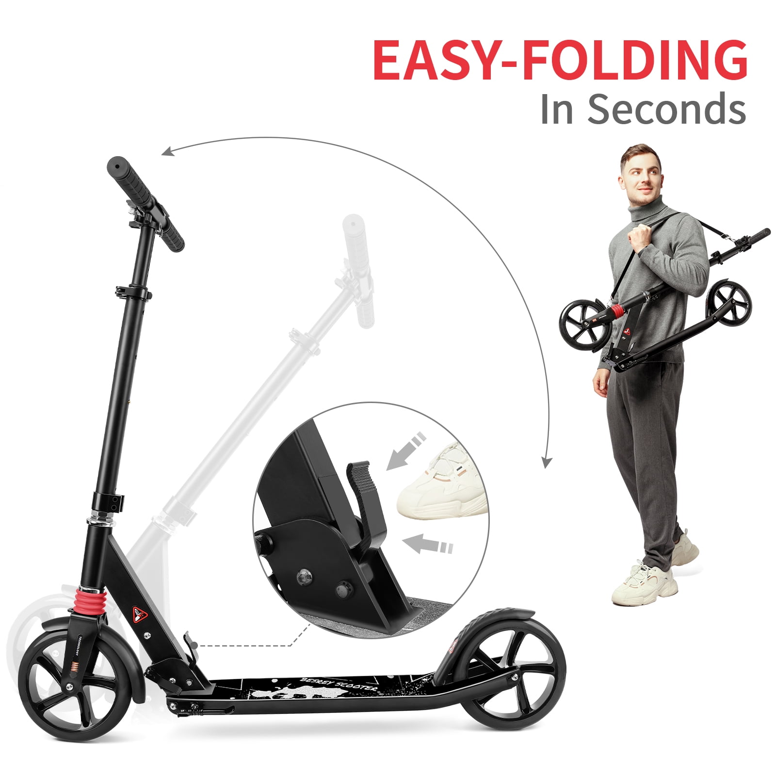 besrey Kick Scooters for Kids 8 Years and up-Teen and Adult Scooter 8 Big Wheels-Foldable Kick Scooters up to 220 Lbs-4 Levels Height Adjustment with Carry Strap 