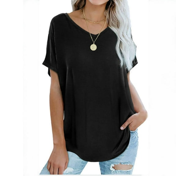 USSUMA Tops for Women Trendy Women's Short Sleeve Tops V Neck Solid Color Casual Shirts Loose Fit Basic Blouse Elegant up to Off Black Polyester XL