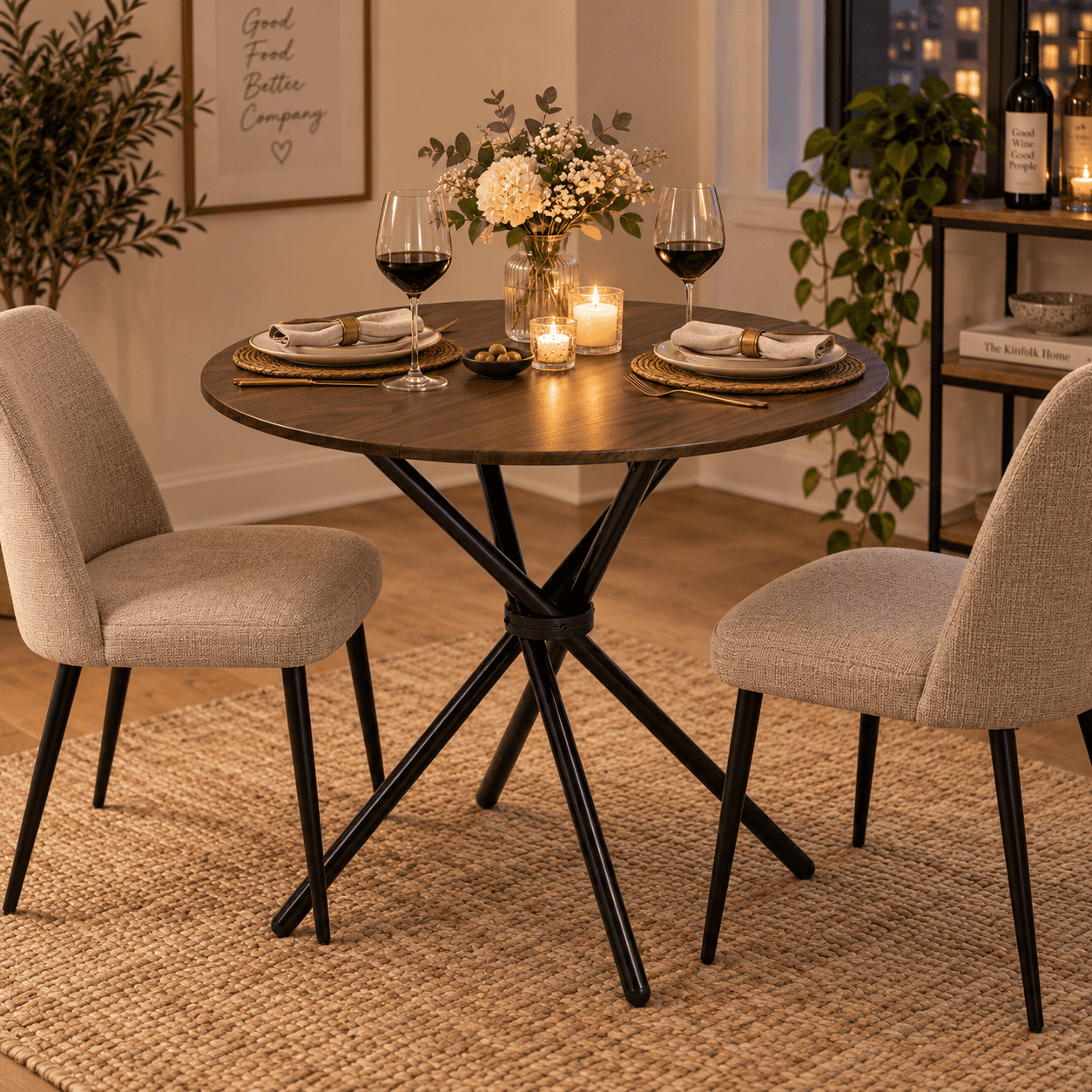 Homy Casa 31.5 in Round Dining Table for 2-4, Small Space Kitchen Table with Metal Legs, Walnut Brown