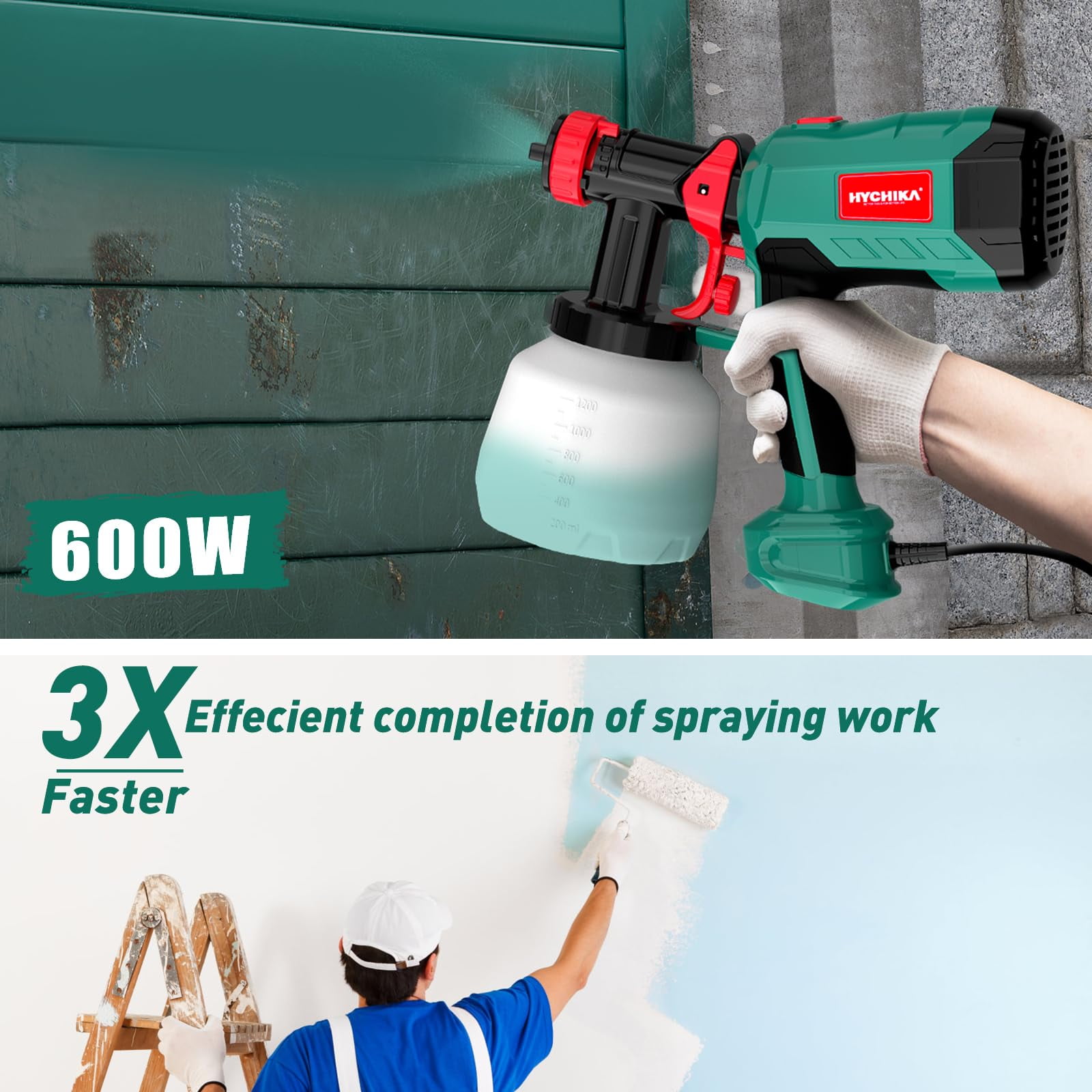 HYCHIKA 600W Electric Green Power Paint Sprayer, 1200ml