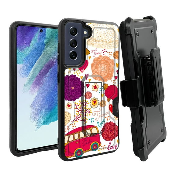 ANJ  Rugged Dual Layer Hybrid Holster Kickstand Case w/ Card Slot   Tempered Glass Cover for Samsung Galaxy S21 FE 5G - France Love