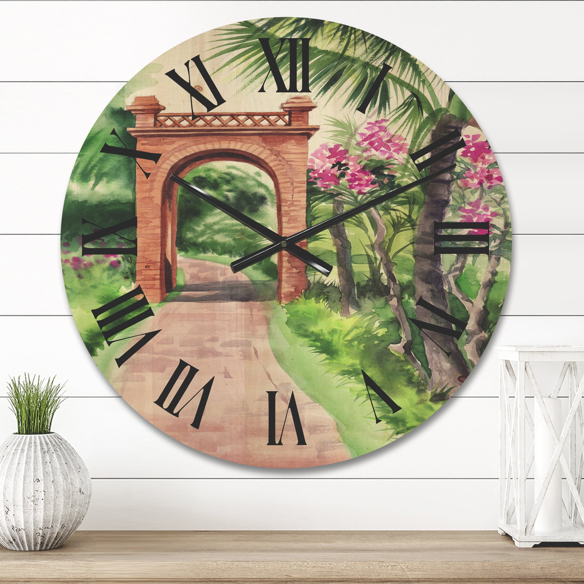 Designart 'Traditional Gate On Path In Tropical Oasis' Tropical Wood Wall Clock