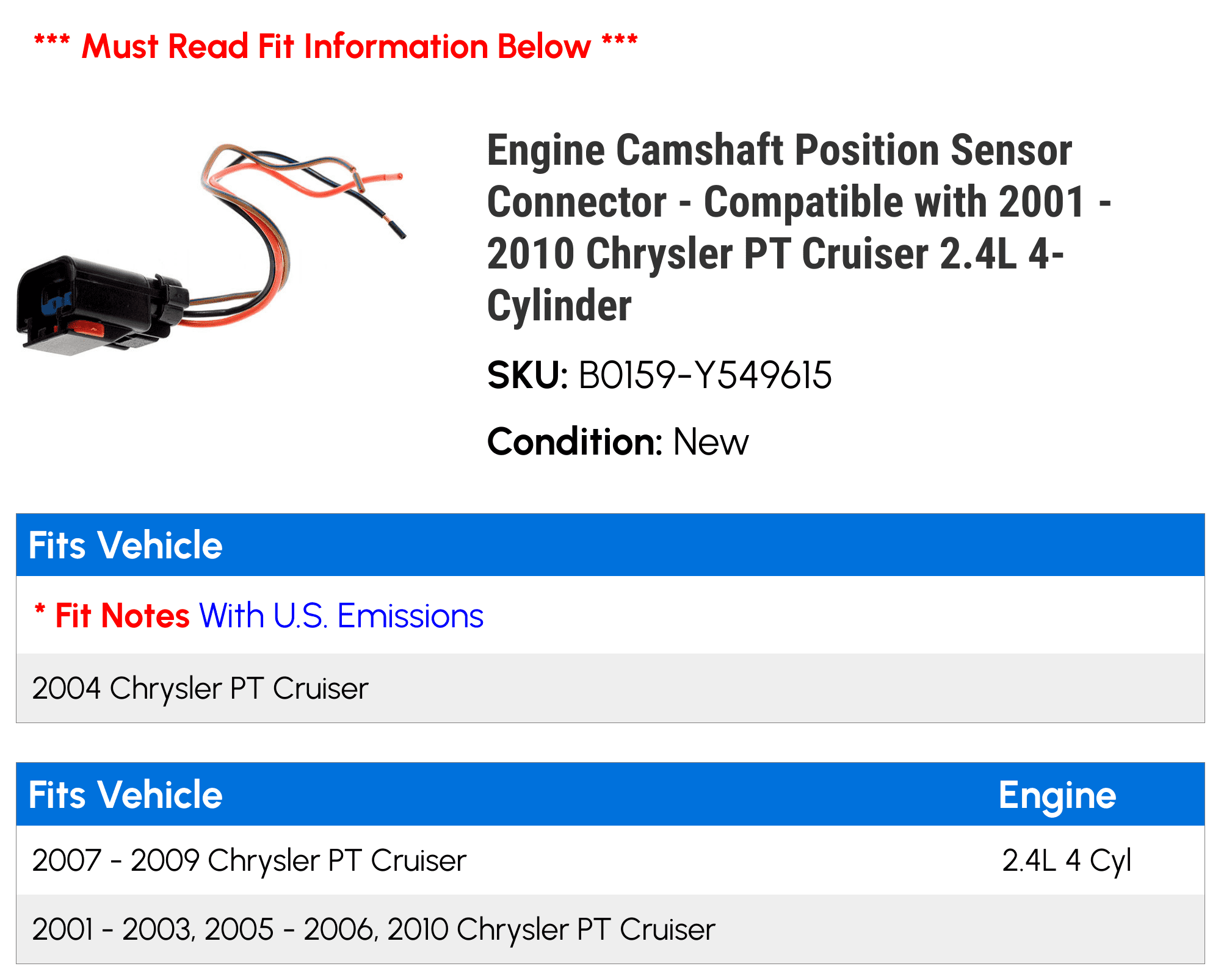 Camshaft Position Sensor Connector For Chrysler Dodge Hyundai Jeep Ram Camshaft Position Sensor Connector For Chrysler Dodge Hyundai Jeep Ram
