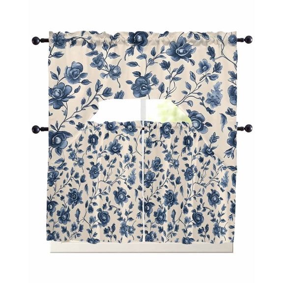 Navy Blue Floral Kitchen Curtains Sets 24 Inch Length with Valance, Spring Vintage Blossom Botanical Swag Valances and Tiers Curtain Set Drapes Swag Curtains for Living Room, Bathroom, Bedroom, Cafe
