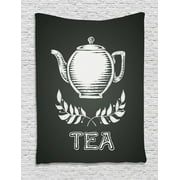 Tea Tapestry, Teapot with Leaf Branches Drawn to Chalkboard Grunge Traditional Culture Print, Wall Hanging for Bedroom Living Room Dorm Decor, 40W X 60L Inches, Charcoal Grey White, by Ambesonne