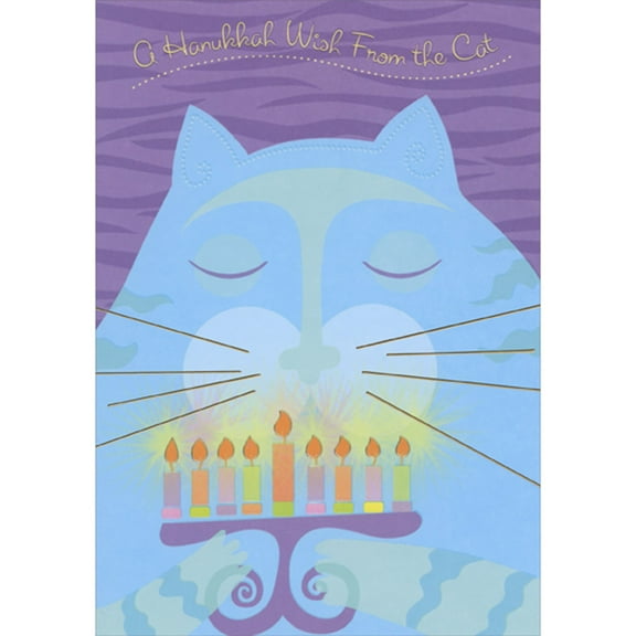 Designer Greetings Closeup of Blue Cat with Closed Eyes Holding Menorah Hanukkah Card from Cat