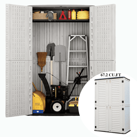 Decksplore 67.2 CU.FT Double-Layer Storage Shed, HDPE Outdoor Storage Cabinet Waterproof with Latch, Vertical Storage Shed for Lawnmower (White)