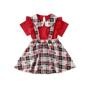 Baby Girl's Clothing Set, Heart Print Round Neck Tops and Plaid Suspender Skirt Two-piece Suit for Birthday Party Photography