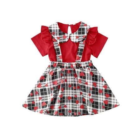 Baby Girl's Clothing Set, Heart Print Round Neck Tops and Plaid Suspender Skirt Two-piece Suit for Birthday Party Photography