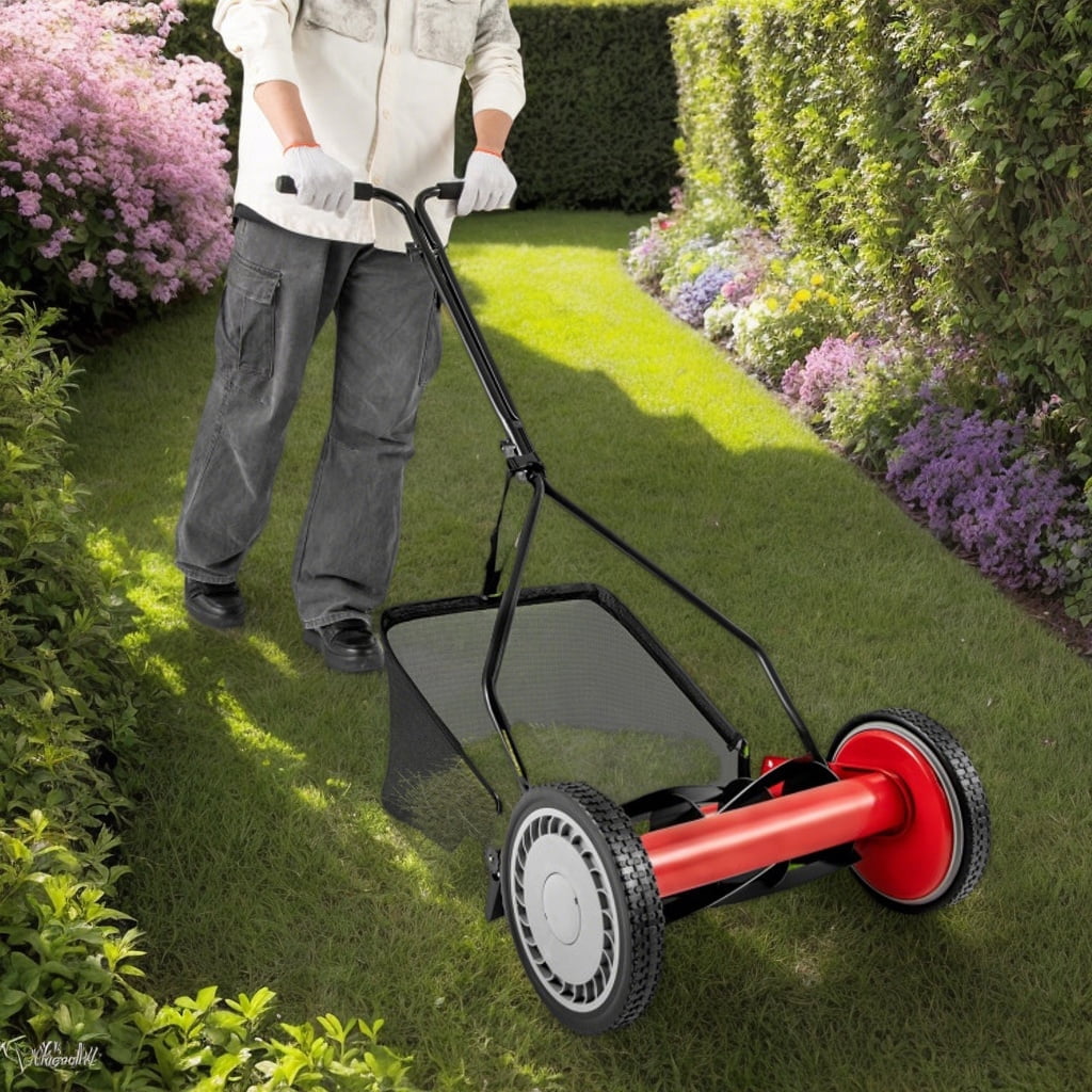 GVN 14 Inch Push Lawn Mower with 5 Steel Blades and Grass Catcher Bag, Height Adjustable, Perfect for Gardens, Backyards, Lawns-Red