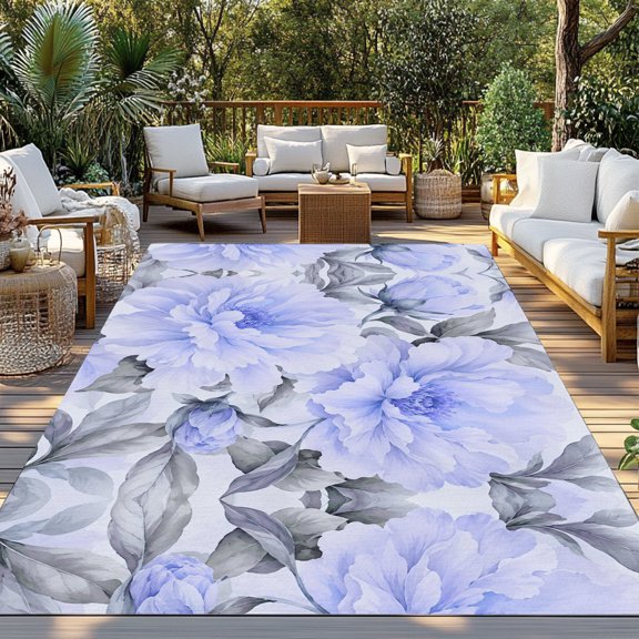 Outdoor Rug, Watercolor Blue Peonies Indoor Area Rug Outdoor Carpet RV Camping Rugs 3x5ft Farm Floral Art Outside Mat for Patio Picnic Porch Deck Balcony Backyard