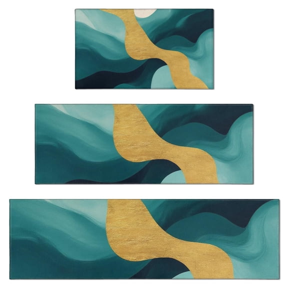 Teal Gold Marble Pattern Kitchen Rugs Sets Of 3,Kitchen Runner Rugs Non Skid Washable,Decorative Kitchen Floor Mats for Kitchen,Sink,Laundry,17"x30" 17"x47" 17"x59"