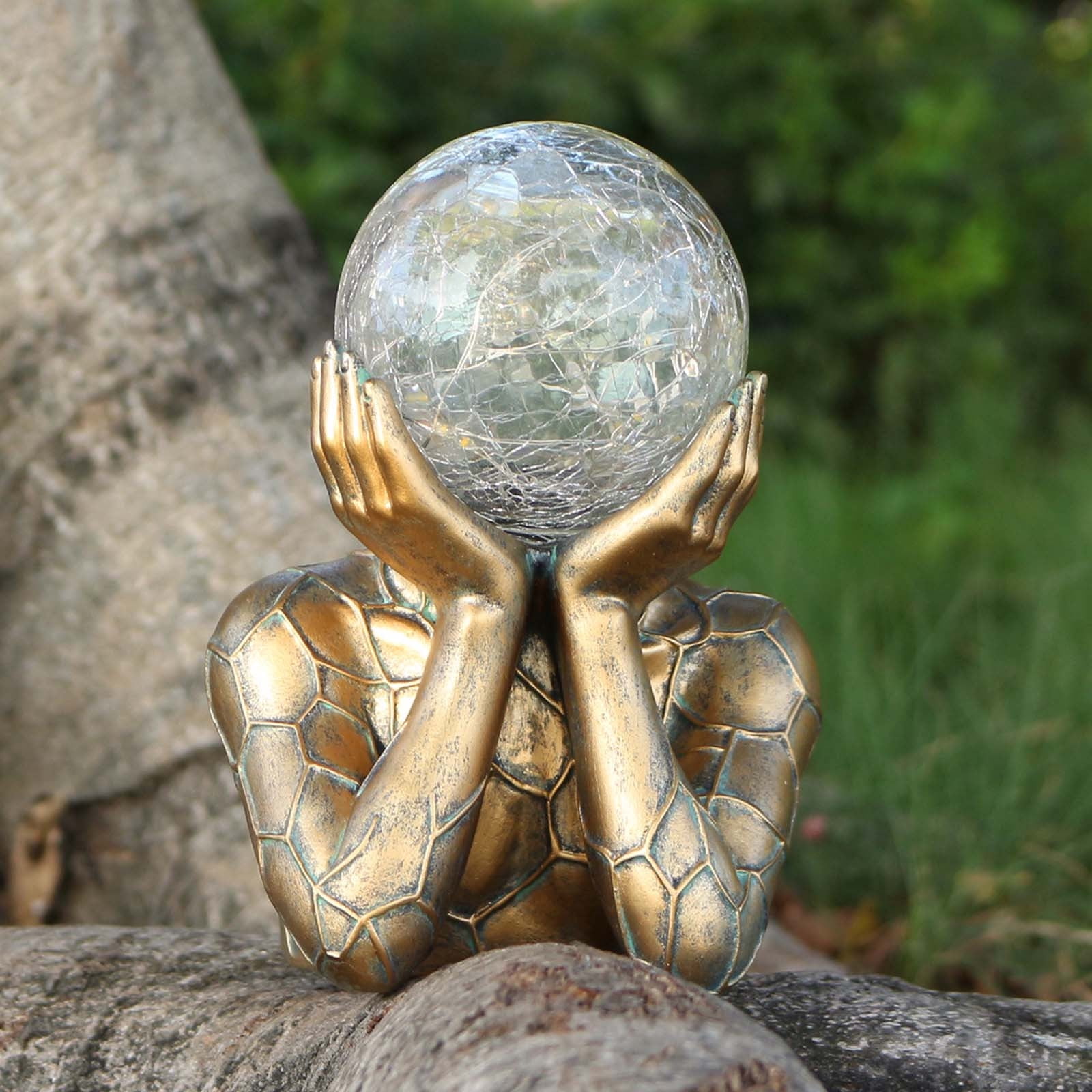 Tusihei Abstract Thinker Statue Solar Light, Resin Bronze Thinker Figurine with Cracked Glass Ball, Yard Art Sculpture Outdoor Garden Decor for Patio, Lawn, Porch, Balcony