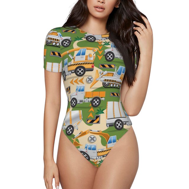 Fotbe Construction Machinery1 Body de Mujer con Cuello Redondo y Mangas Cortas, Sin Mangas Ajustado, Suave, Cómodo y Básico-Small