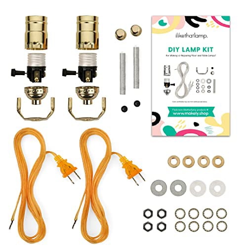 I Like That Lamp DIY Lamp Wiring Kit, Glossy Brass Socket & 12ft Gold Cord (2 Pack), for Making & Fixing Table or Floor Lamps, Repair & Rewire