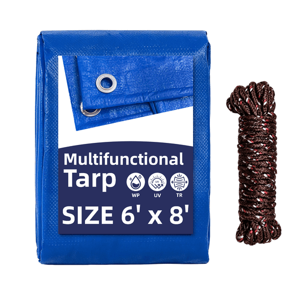 6' x 8' Poly Tarp Cover, Waterproof Blue Tarpaulin with Rope & Metal Grommets, Heavy Duty Tarp Cover for Outdoor Camping Firewood Cover