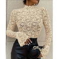 thumbnail image 2 of JGNGSHN Womens Lace Mesh Tops Bell Long Sleeve Mock Neck Sheer Blouses Sexy See Through Slim Fit Shirts, 2 of 8