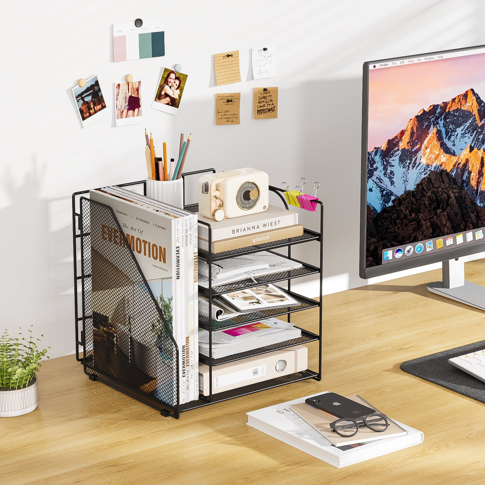 Mintazer Desk Organizer with File Holder, 5-Tier Paper Letter Tray Organizer Mesh Desktop File Organizer Magazine Holder for Home School Office Supplies, Black