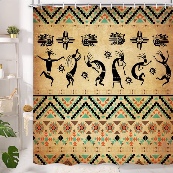 Western Shower Curtain, Kokopelli Native Southwestern Shower Curtain Set, Aztec Bathroom Curtains, Kokopelli Ethnic Pattern Waterproof Fabric American Bathroom Accessories with Hooks, 72X72inch