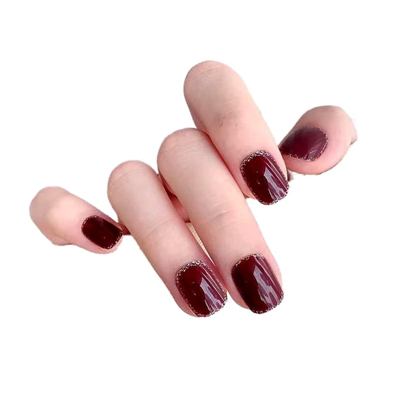 Wine Red Press on Nails Short Oval Fake Nails Full Cover False Nails With Glitter Designs Reusable Stick on Nails Coffin Acrylic Glue on Nails Artificial Nails for Women Nail Art Decorations 24Pcs