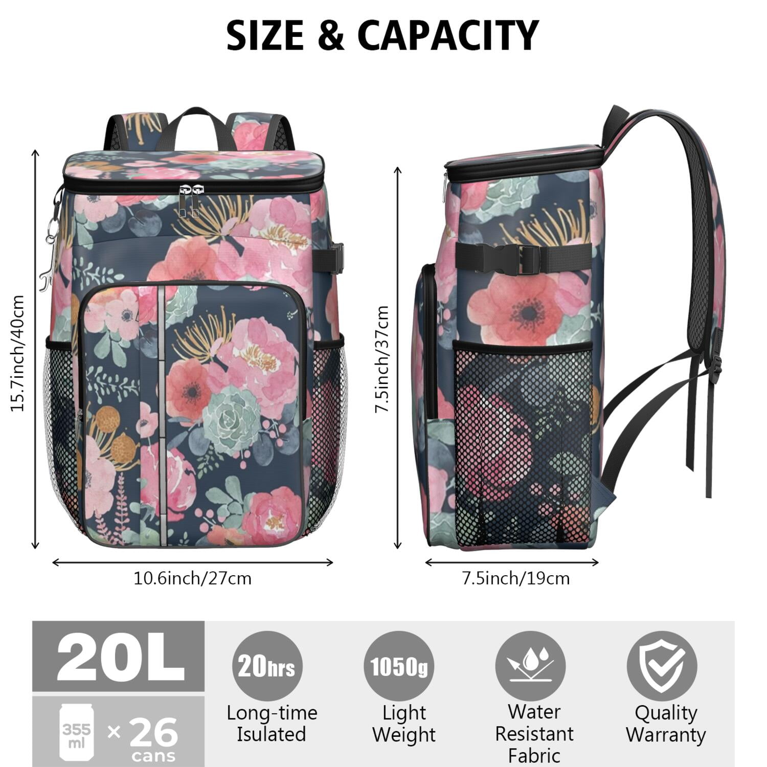 Travel Cooler Bag - Pioneer Flower Floral Print Pattern Camping Beer Cooler Backpack with Bottle Opener- Waterproof Insulated Picnic Backpacks - Cooler Bag for Beach