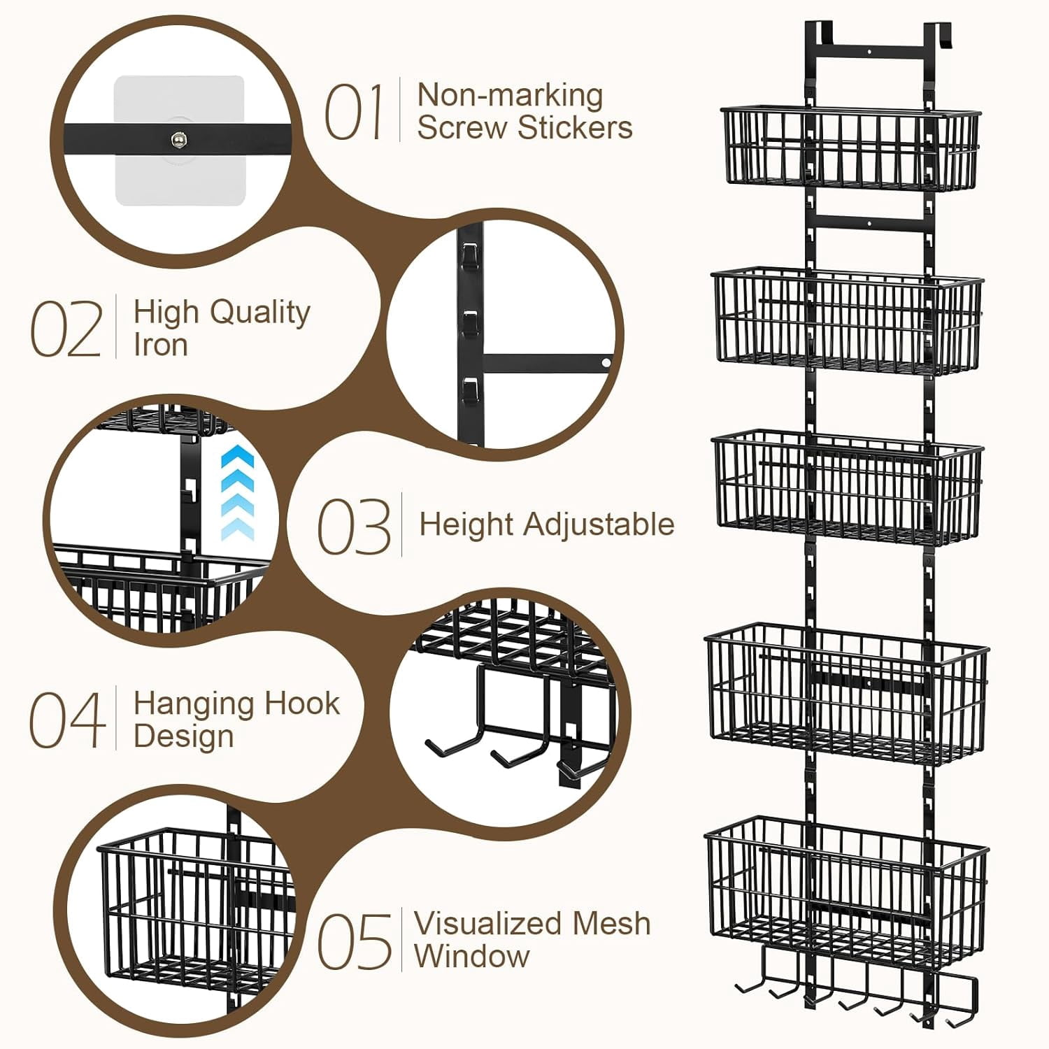 Adjustable Over The Door Organizer, Metal Hanging Door Organizer with 5 Wire Basket 7 Hooks, Wall Mounted Shelf for Pantry Laundry Organization and Storage