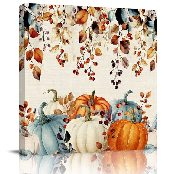 Wall Art Prints, Teal Orange Pumpkins Fall Framed Canvas Prints for Bedroom Living Room Bathroom Office, Thanksgiving Botanical Vintage Gallery Wrap Wall Art Poster for Gifts Home Decor 12"x12"