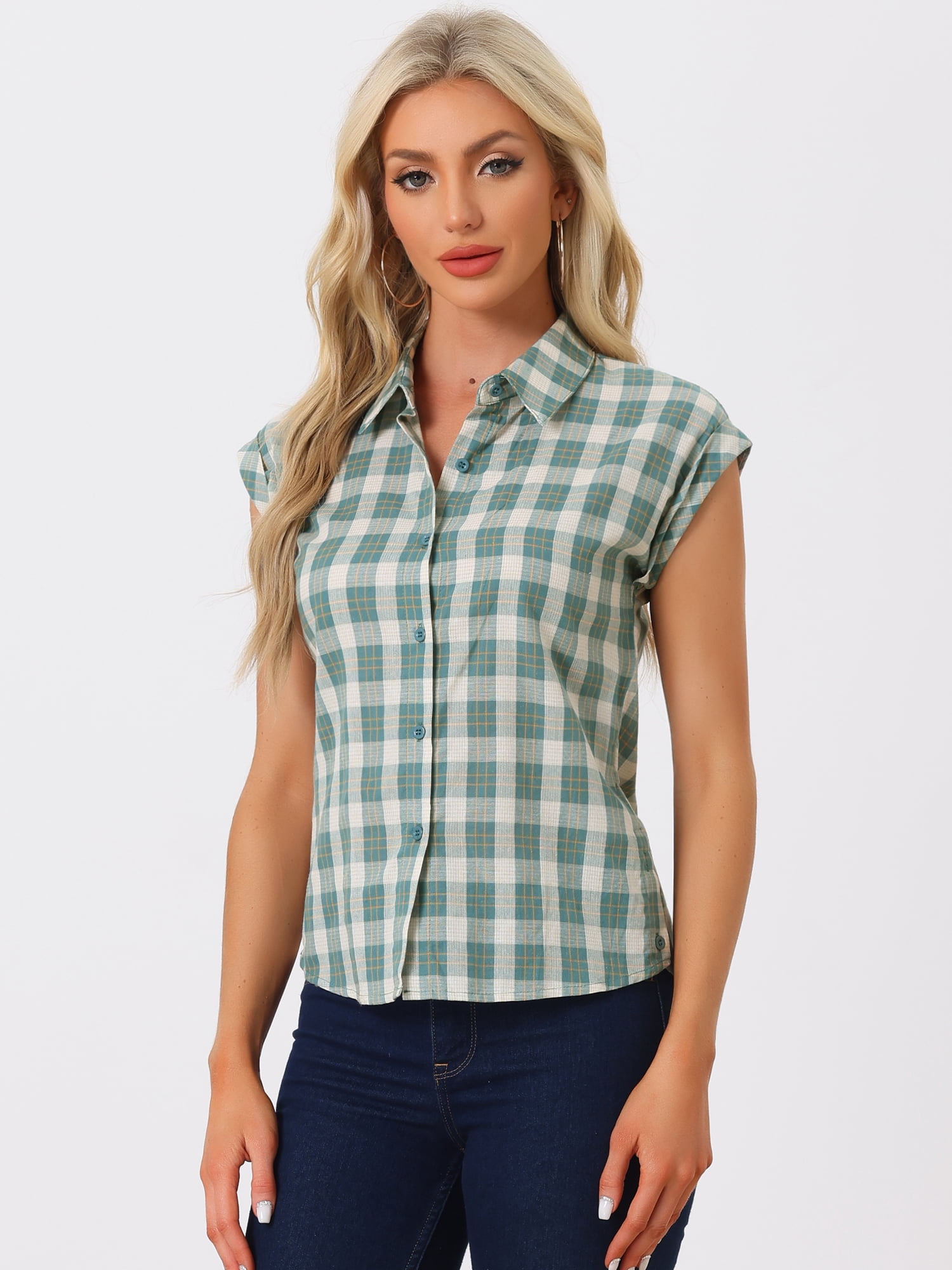 DARING DIVA Women's Summer Plaid Short Sleeves Button Down Shirts XL Green White